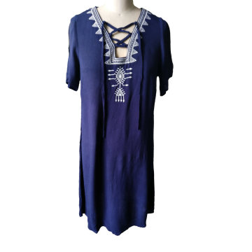 Summer Folk Style Blue Fashion Round Neck Charming Ladies Dress